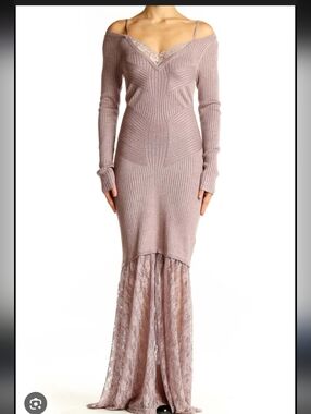 Anthropologie Long Sleeve Lace-Hem Knit Maxi Dress in Mauve Super Stretch